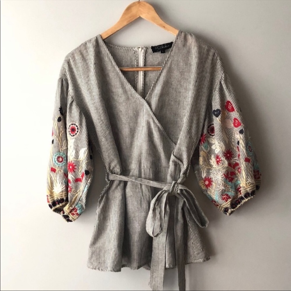 RD+Koko Boho Embroidered Faux Wrap Top - L